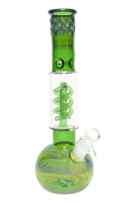 Green silver-fumed bubble bong with textured lip, center coil perc, and swirl-patterned bubble base.