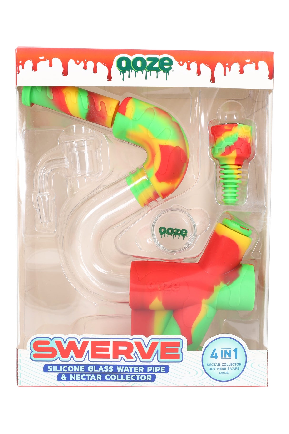 Rasta Ooze “Swerve” silicone/glass 4-in-1 bubbler in box with included banger, nectar tip, and glass concentrate container.