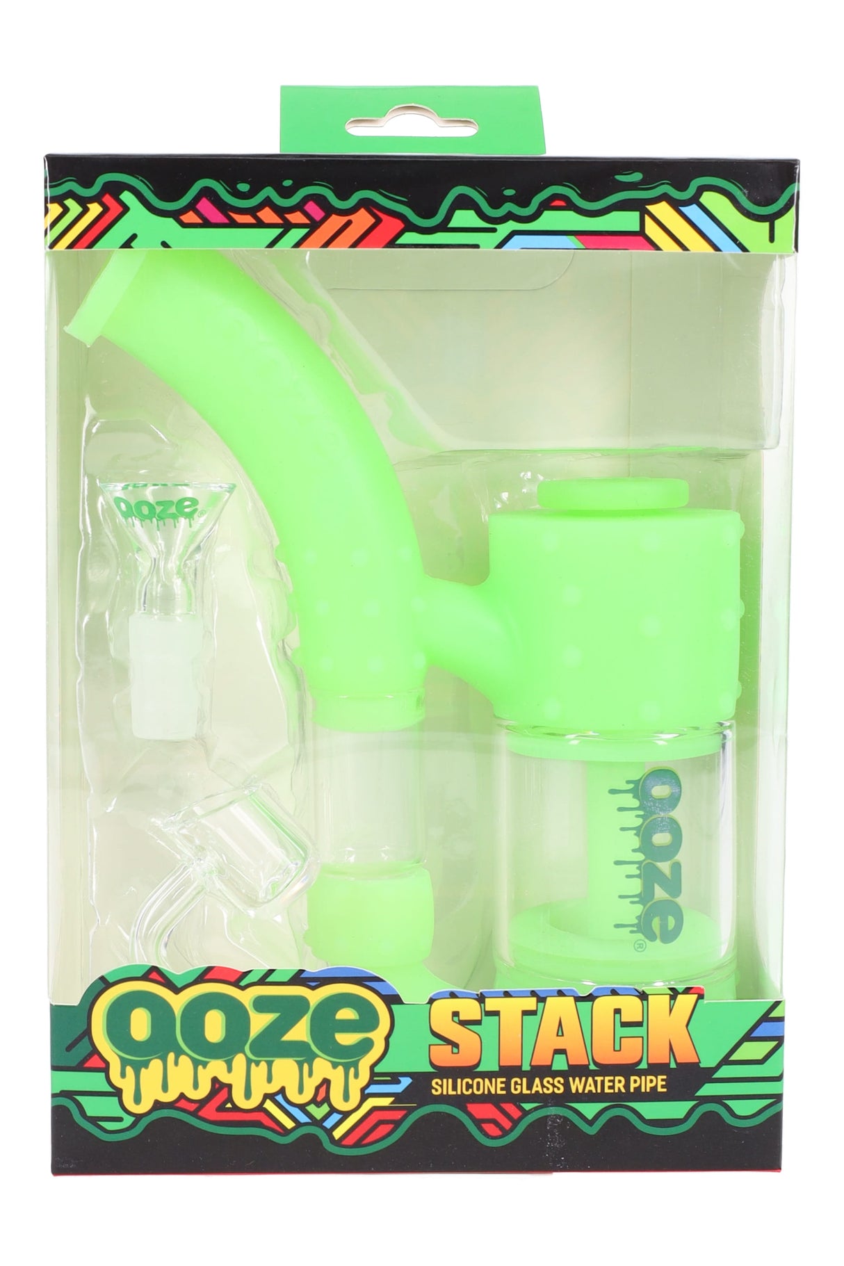 Green Ooze “Stack” hybrid bubbler packaged with 14 mm quartz banger and herb bowl, textured silicone grip and twin chambers.