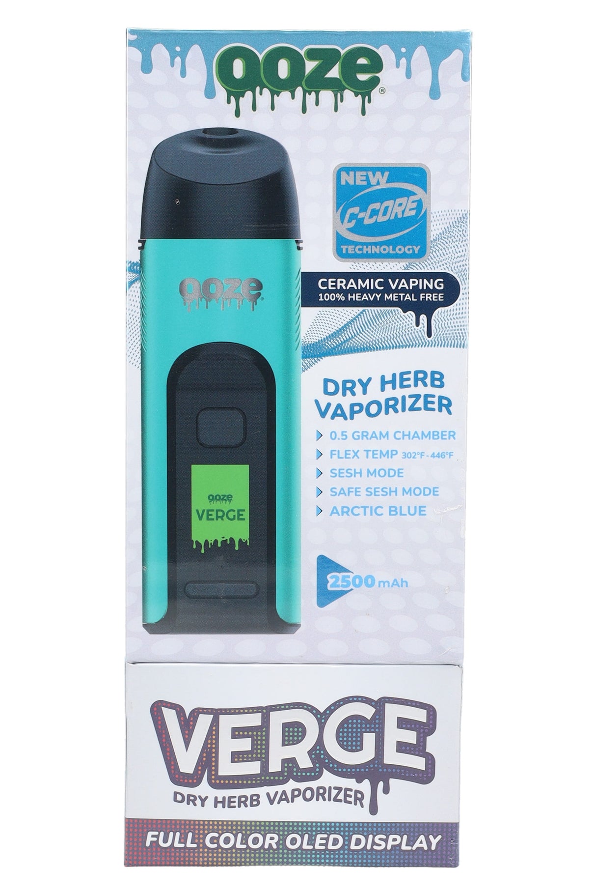 Ooze Verge Arctic Blue box close-up with “VERGE” branding and “Full Color OLED Display” banner at bottom