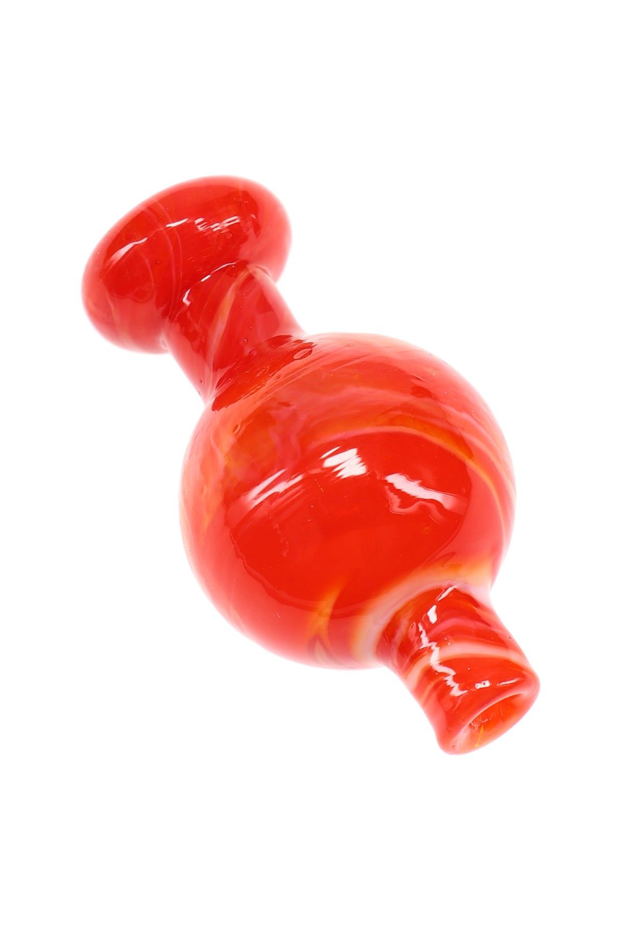 Bright red bubble carb cap with orange swirls and a flared handle, designed to control airflow on quartz bangers.