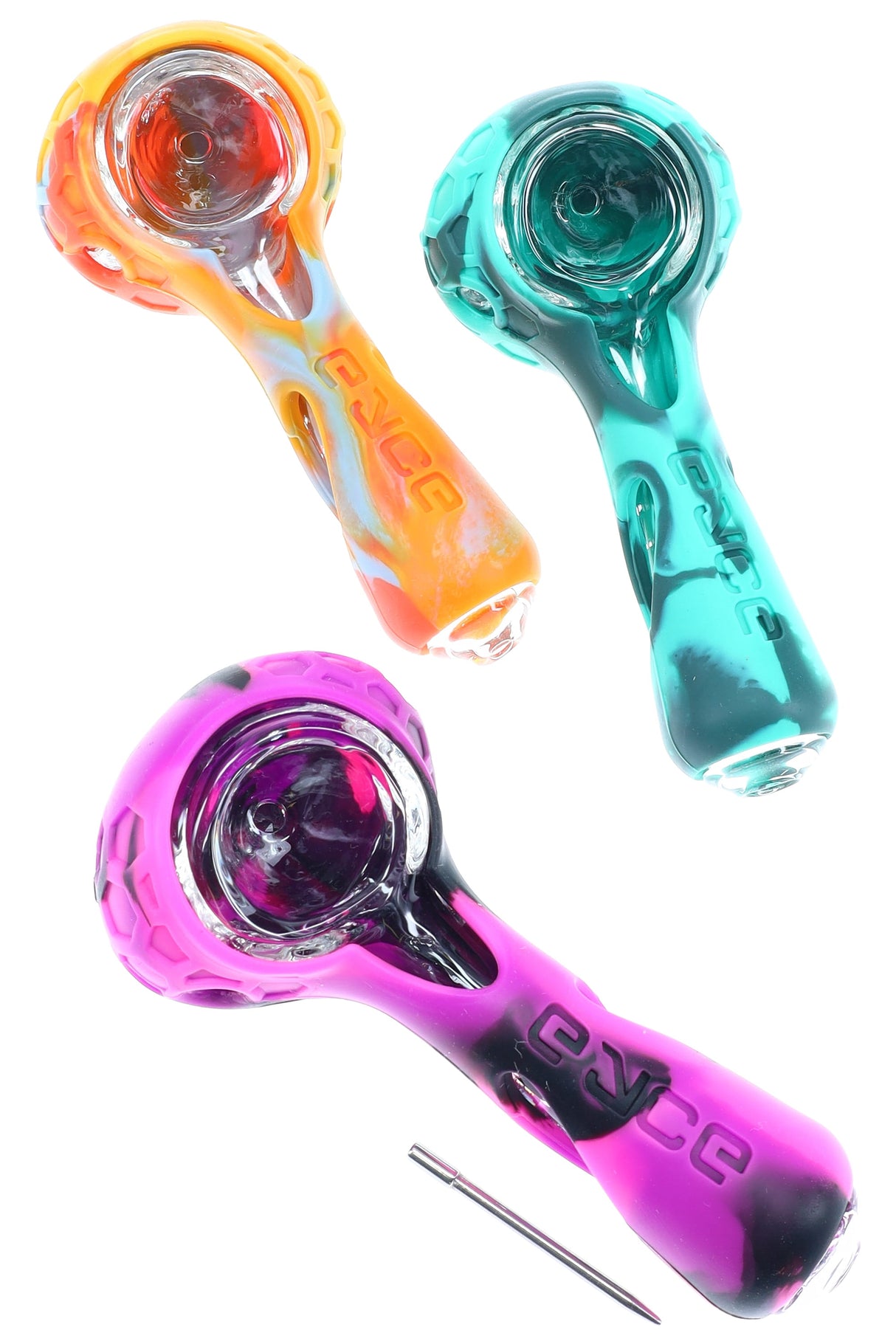 Eyce ProTeck Alien silicone spoon pipe with clear glass core and included metal poker, multicolor designs shown; colors ship assorted.