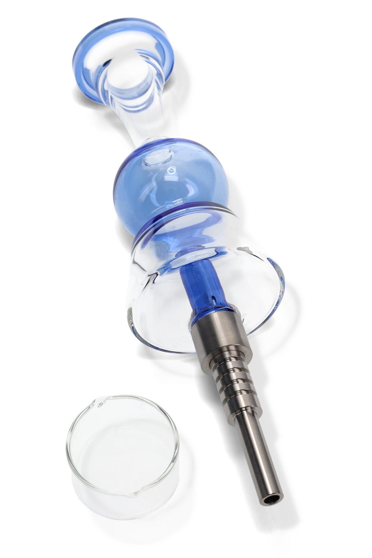 Light blue bubble-shield dab straw angled view highlighting the top ring handle and installed metal tip with dish.