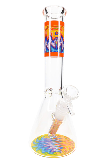 Orange-band wig-wag beaker bong with rainbow base art, glass bowl, and 18.8 mm GoG setup, 10″ tall.