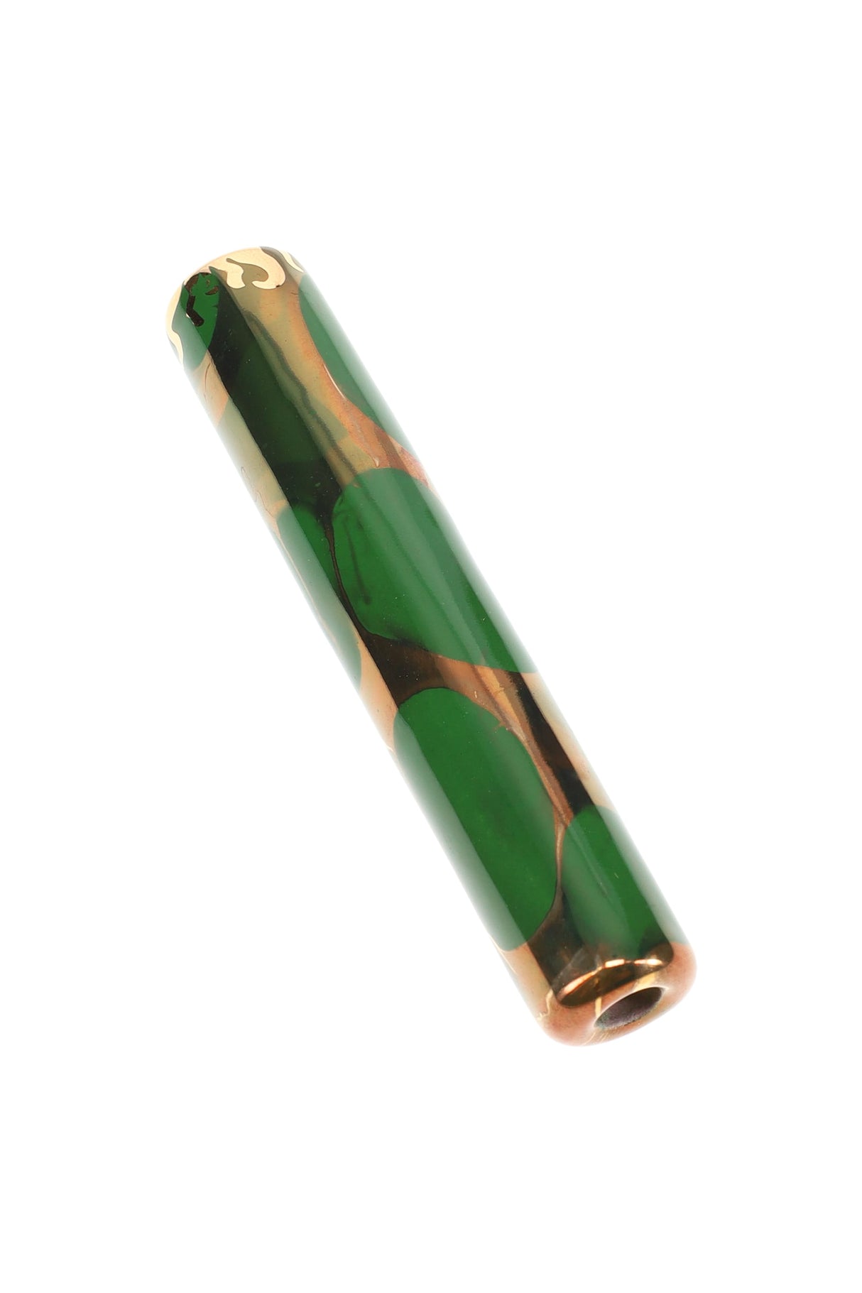 Deep green ceramic one-hitter bat with shiny glaze and gold accent near the rim, slim 3-inch chillum.