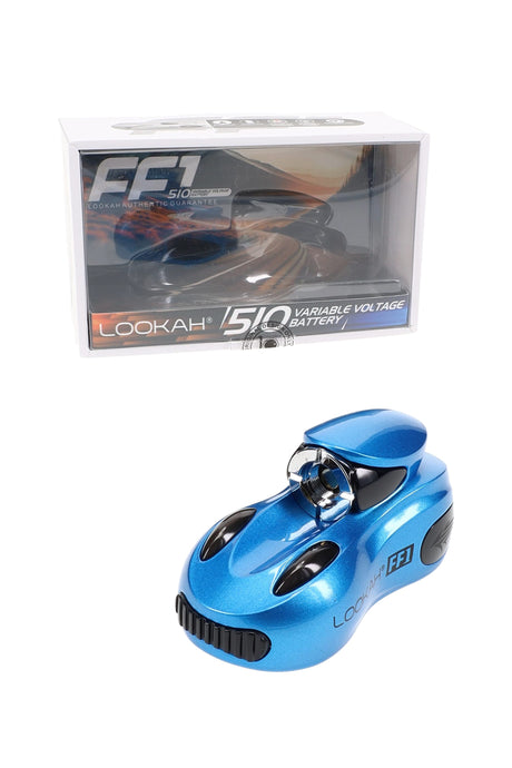 Blue Lookah FF1 racecar 510 variable voltage battery shown loose and in box, 500 mAh compact novelty cart power.
