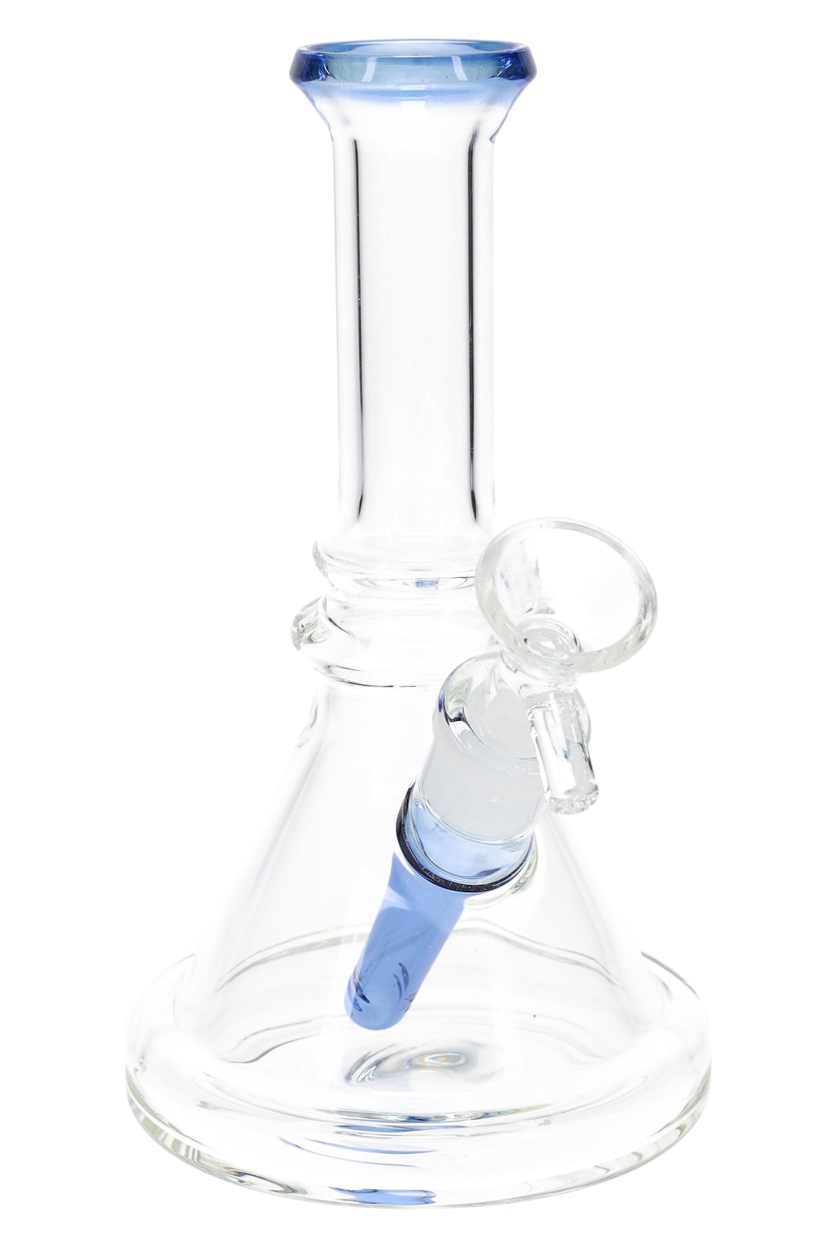 Clear 7½ inch glass beaker bong with blue rim, diffused stem, and 14.5 mm dry herb bowl