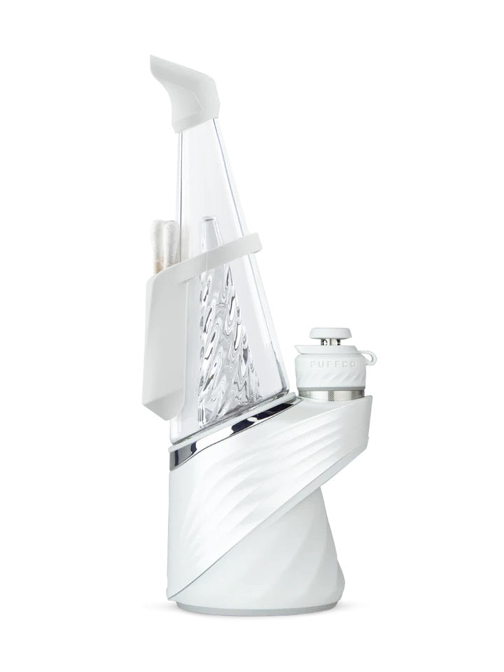 Pearl finish Puffco Peak Pro travel pack mounted on rig, showing backpack holder, ergonomic mouthpiece, and Ball Cap on chamber.
