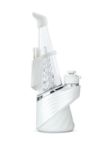 Pearl finish Puffco Peak Pro travel pack mounted on rig, showing backpack holder, ergonomic mouthpiece, and Ball Cap on chamber.