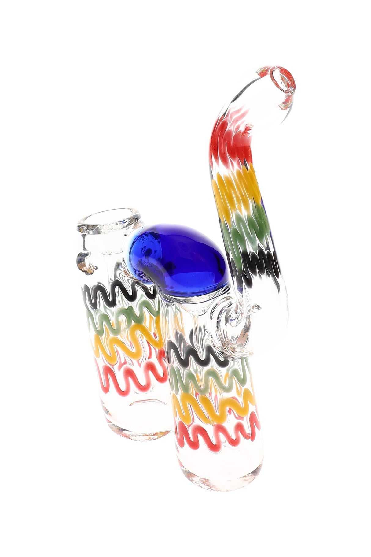7.5-inch rasta double chamber Sherlock glass bubbler with blue bridge and bent mouthpiece on clear body; twin water chambers for smoother hits.