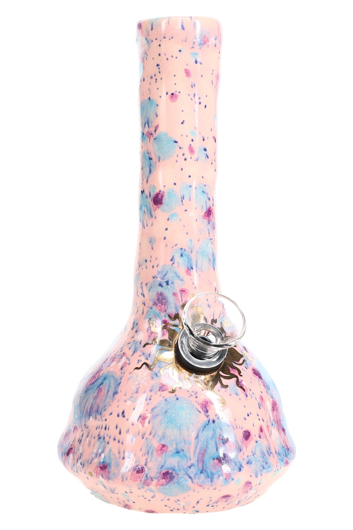 Peach-pink ceramic bong with blue and plum crystal swirls and speckles, beaker base and side carb hole showcased.