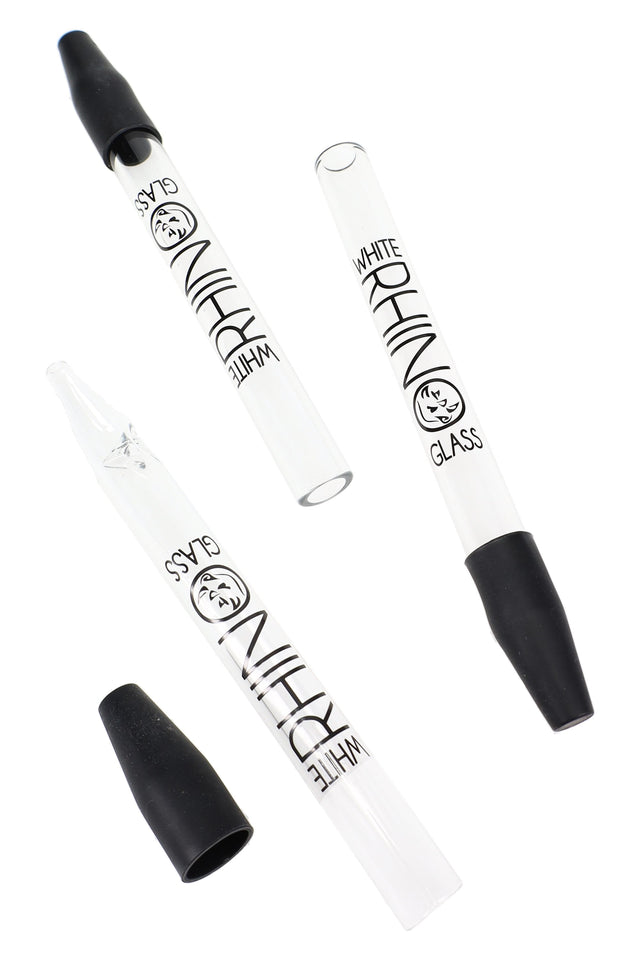 White Rhino branded Pyrex glass dab straw with removable black silicone cap, clear straight tube design for concentrates shown on a white background.