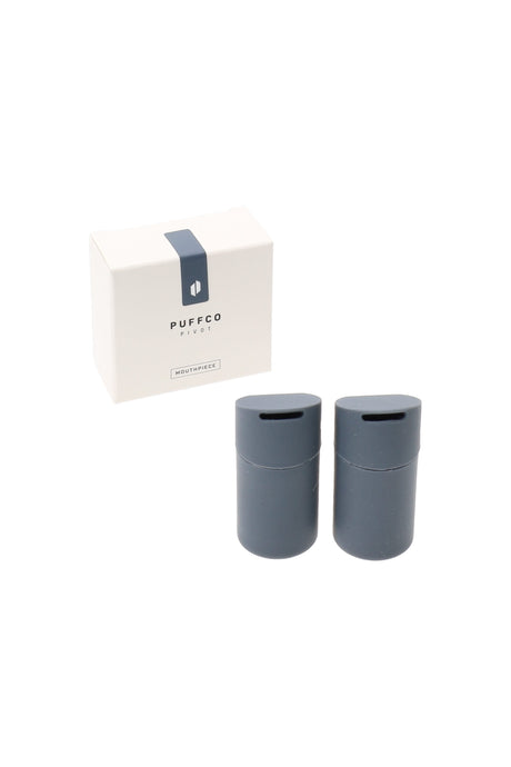 Pair of dark gray Puffco Pivot replacement mouthpieces beside retail box, two-pack press-fit tips to refresh flavor and keep sessions clean.