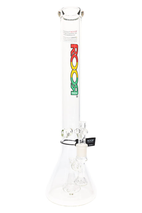 Clear ROOR Tech 18" stemless beaker bong with rasta red-gold-green ROOR Tech logo, showerhead perc and ice pinch.