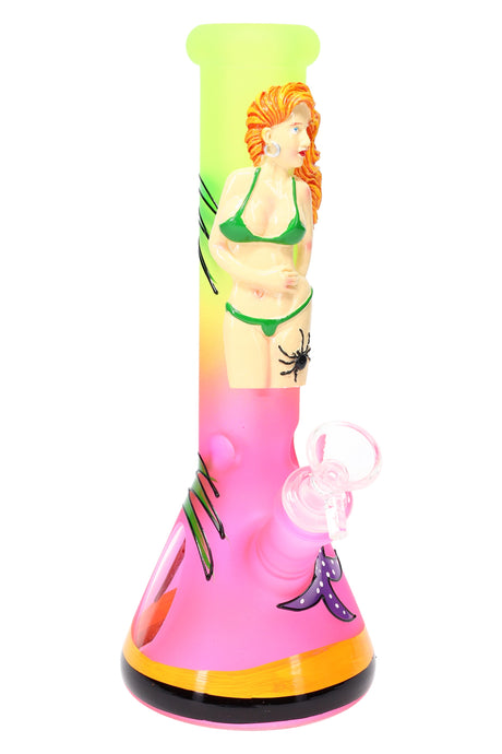 Pink and lime 10″ frosted beaker bong with green-bikini figure, glass-on-glass setup, and built-in ice pinch.