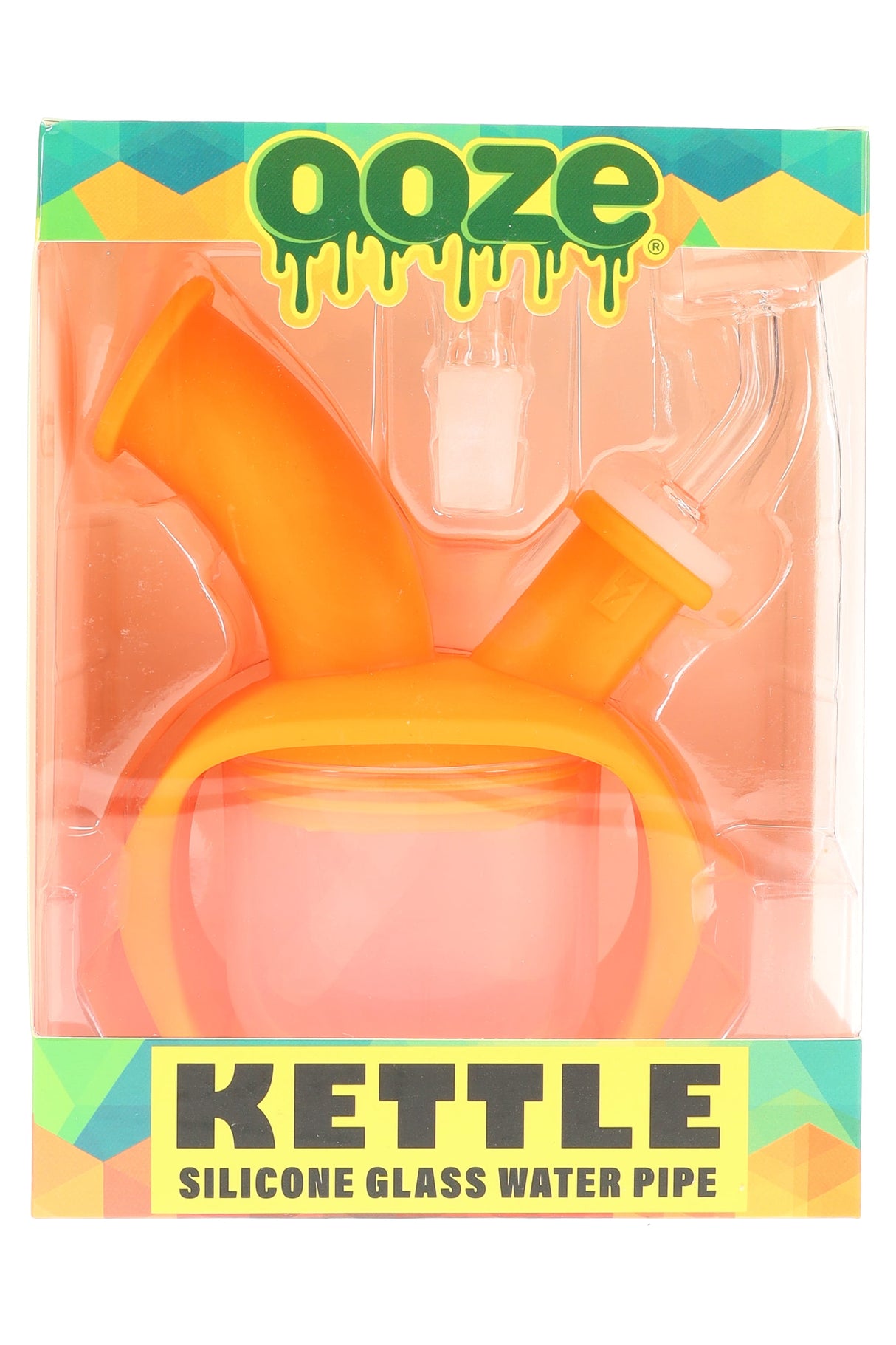 Orange Ooze Kettle silicone glass water pipe in retail box with included bowl and banger shown, compact bubbler style.