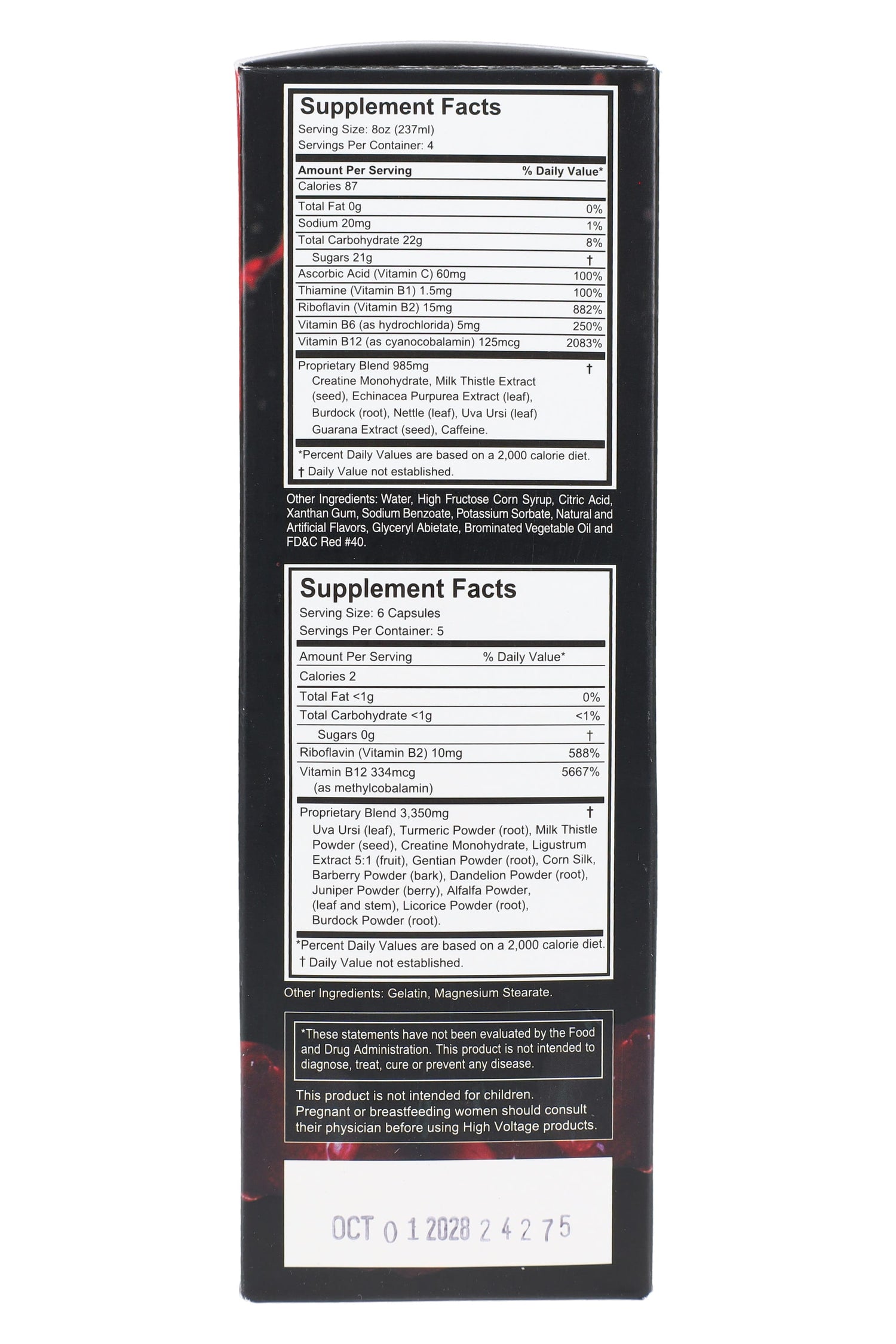 Back of High Voltage 5 Day Flush box showing Supplement Facts for the drinks and capsules with usage information.