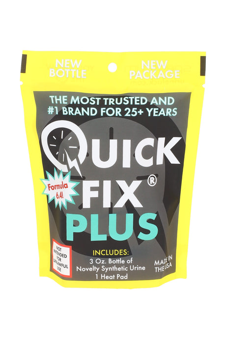 Front view of Quick Fix Plus 3-oz synthetic urine kit in neon yellow and black pouch, showing Formula 6.4 label.
