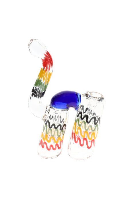 Side view of 7.5-inch rasta double chamber glass bubbler showing curved neck, blue accent, and wavy red, yellow, green striping.