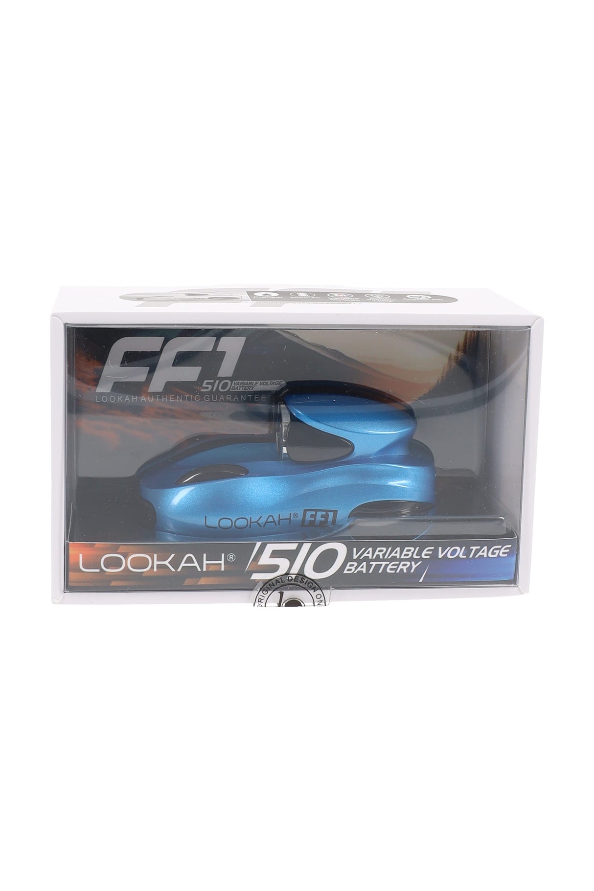 Blue Lookah FF1 510 battery packaged, sleek racecar-inspired body and visible top 510 thread for oil carts.
