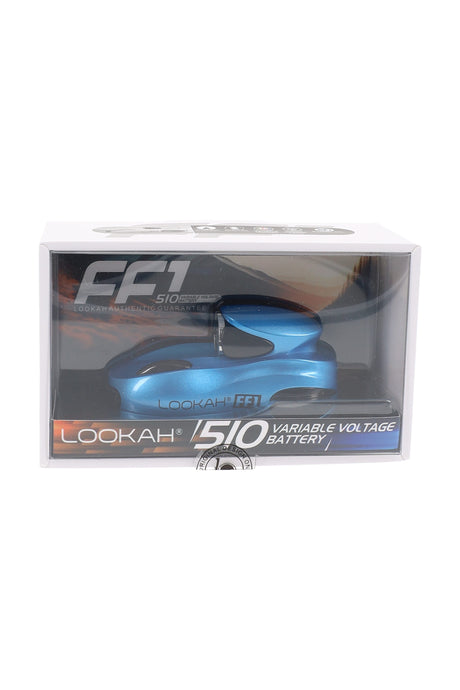 Blue Lookah FF1 510 battery packaged, sleek racecar-inspired body and visible top 510 thread for oil carts.