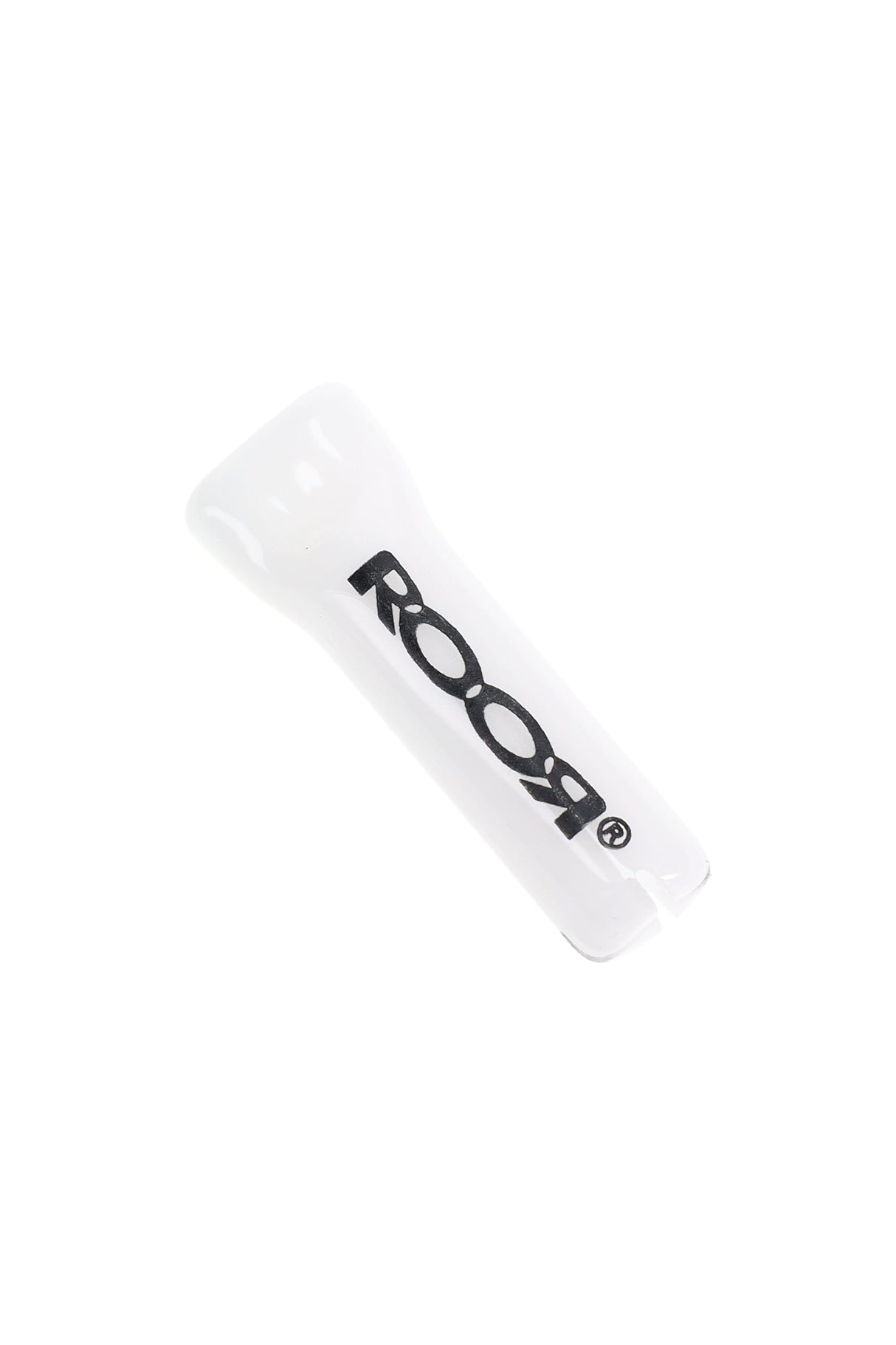 Opaque white RooR 10 mm glass rolling tip with black logo; reusable filter mouthpiece with slotted end for easy rolling.
