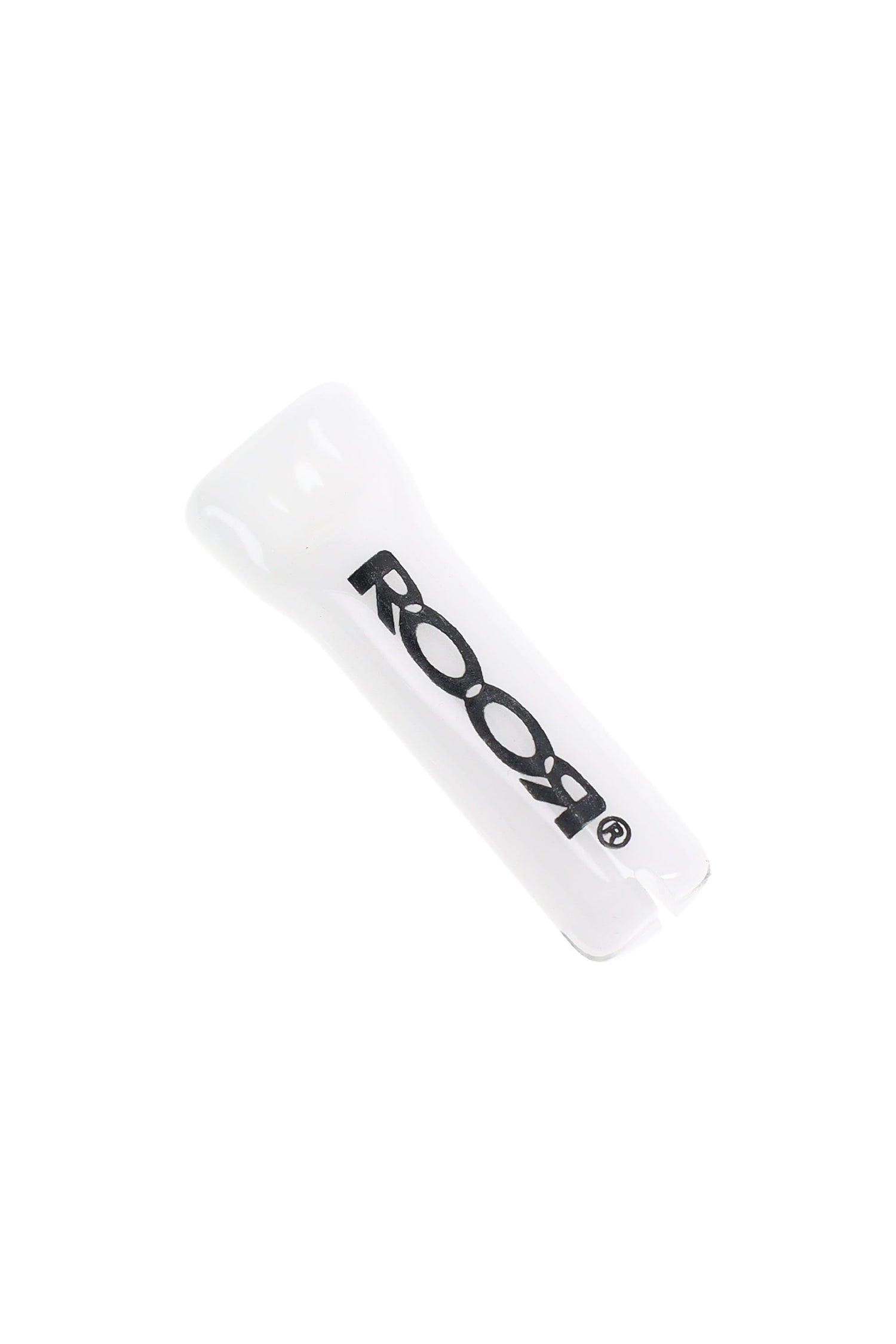Opaque white RooR 10 mm glass rolling tip with black logo; reusable filter mouthpiece with slotted end for easy rolling.