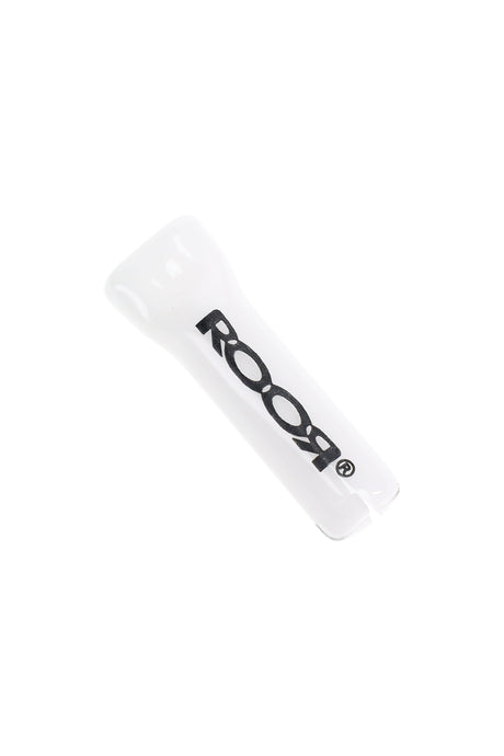 Opaque white RooR 10 mm glass rolling tip with black logo; reusable filter mouthpiece with slotted end for easy rolling.