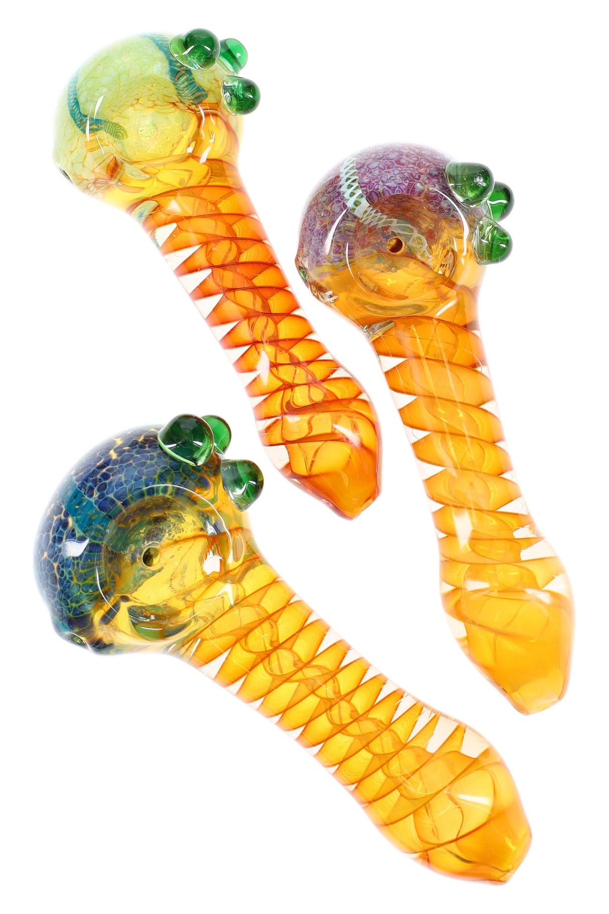 4½-inch gold-fumed color-changing glass spoon with spiral ribbon stem, frit bowl cap, and three green grip marbles, shown in assorted colors.