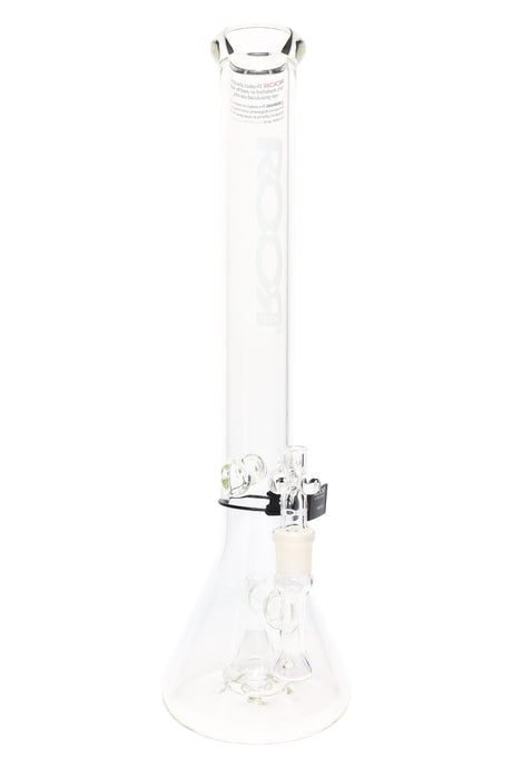 Clear ROOR Tech 18" stemless beaker bong with frosted white ROOR Tech logo, showerhead perc and ice pinch.