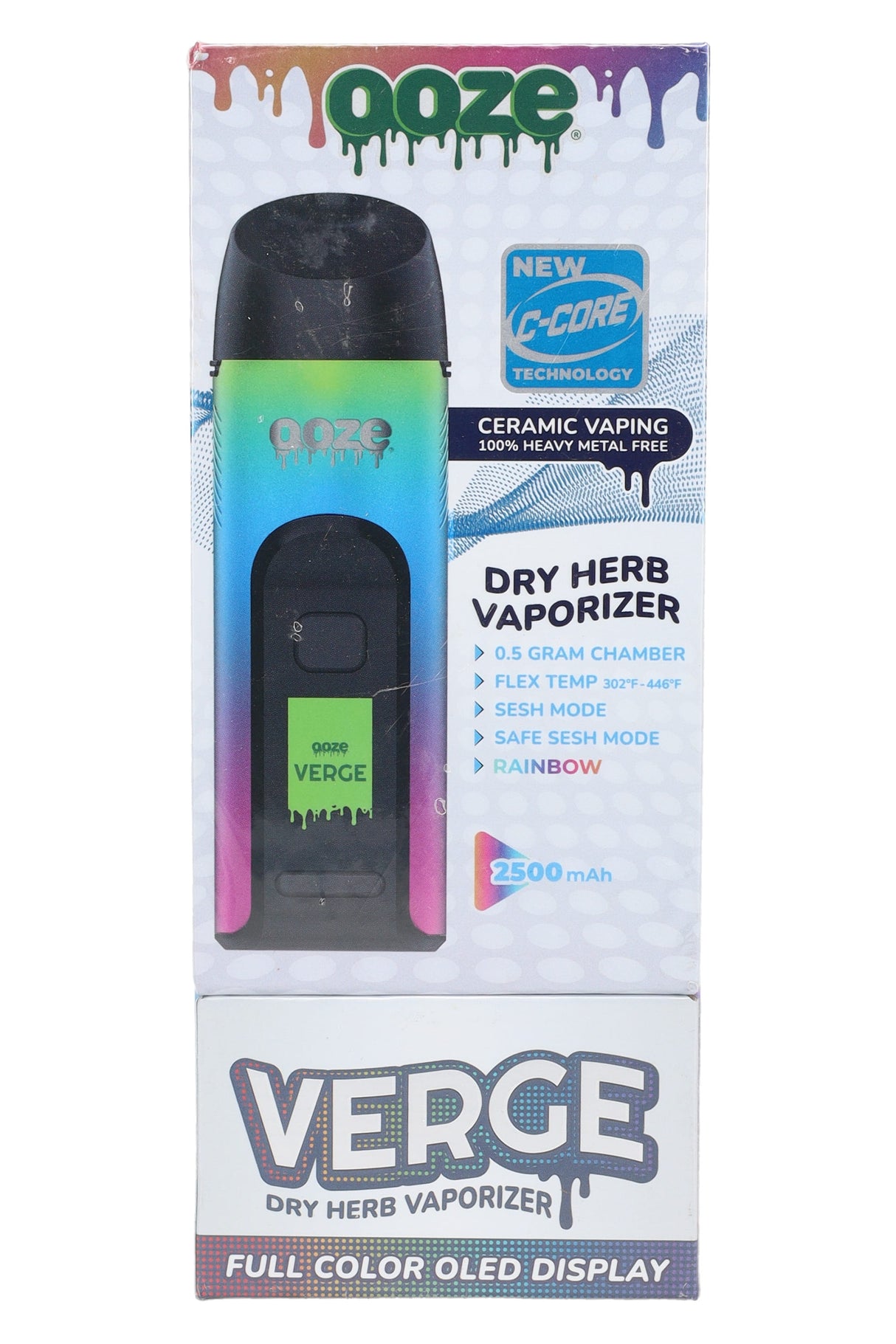 Ooze Verge Rainbow box close-up with “C-Core Technology” emblem and ceramic vaping heavy-metal-free message
