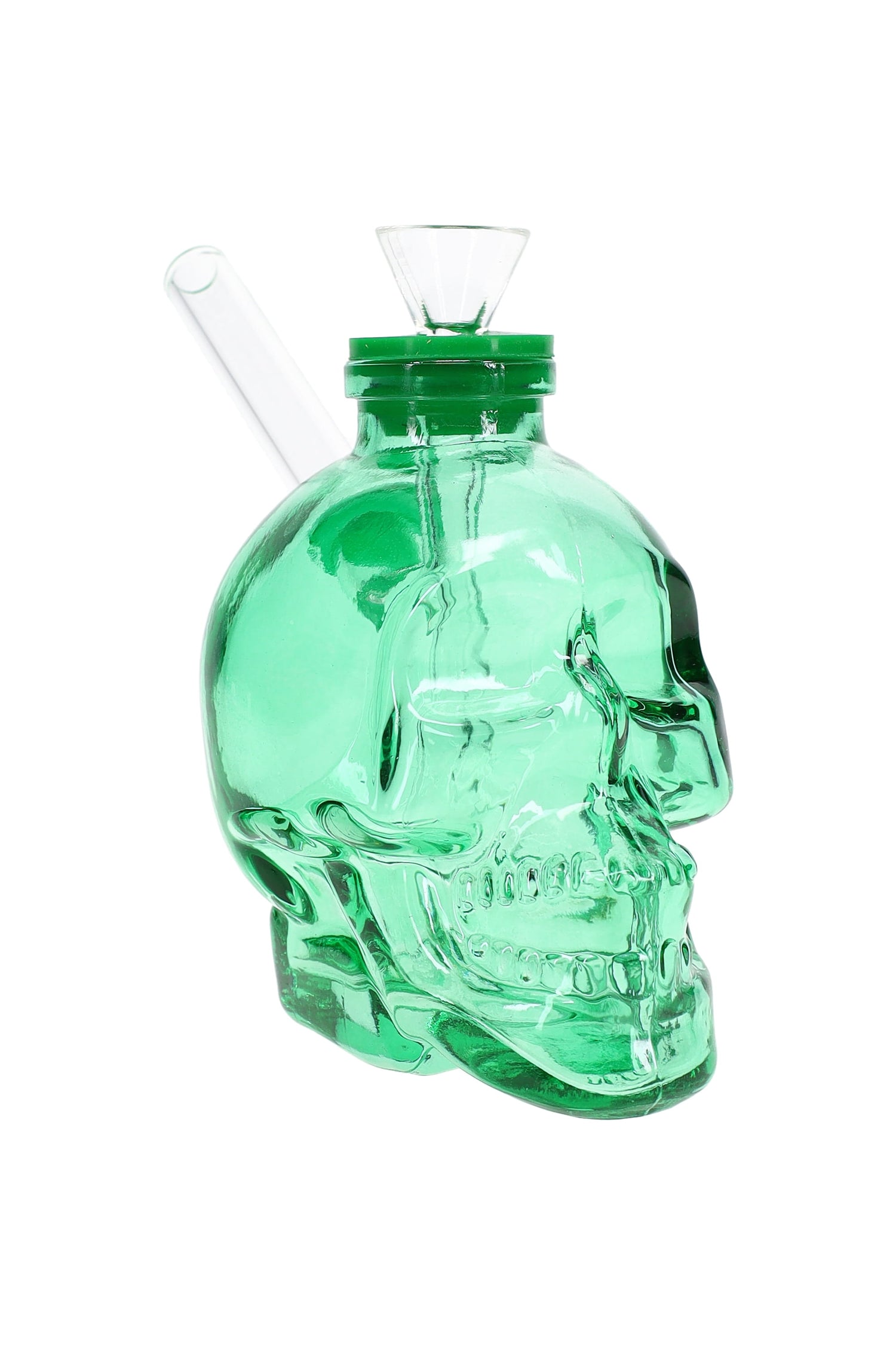 Green skull glass bong 45-degree angle, compact 4-inch design showcasing wide water chamber