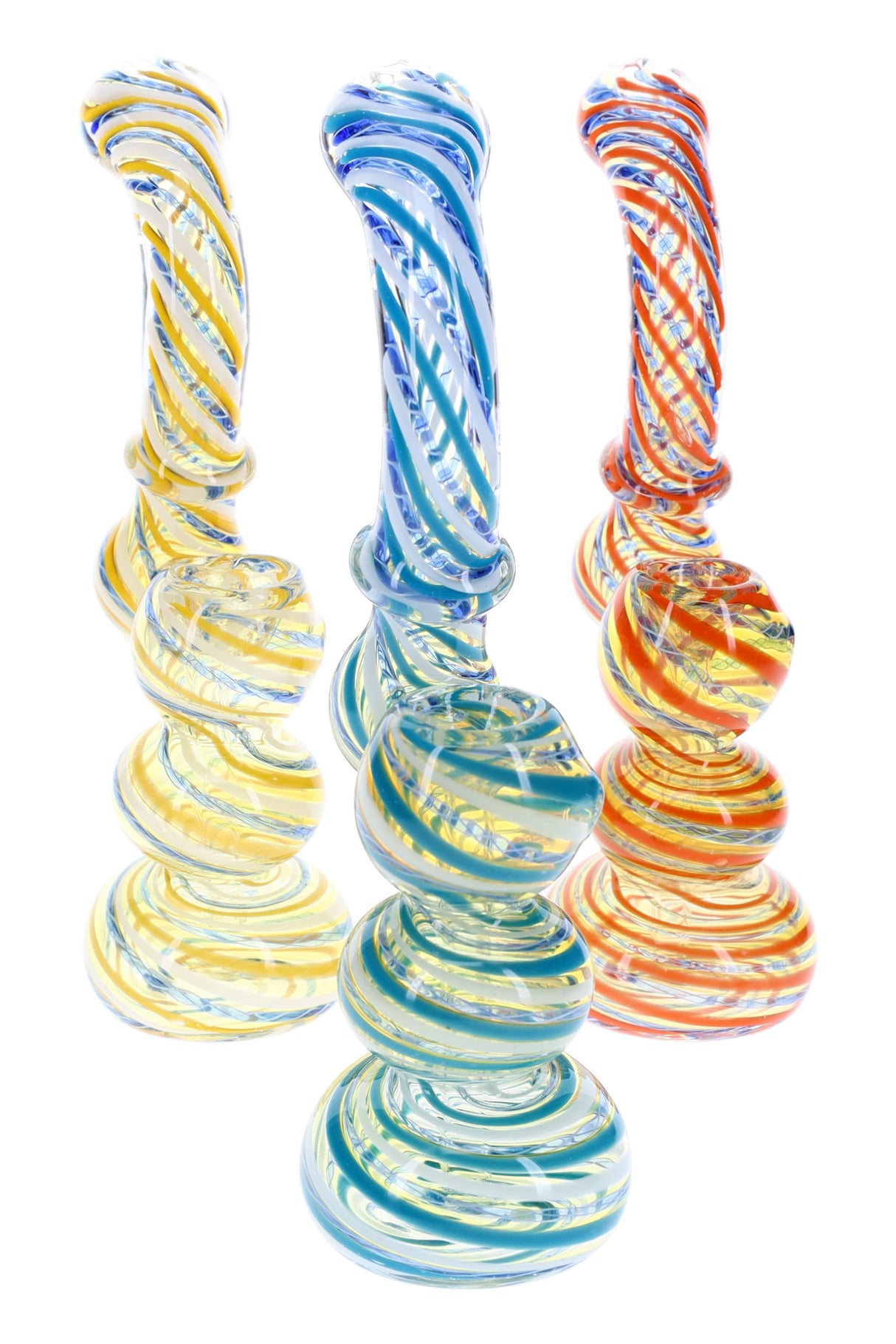 7.5-inch color-changing spiral-striped glass Sherlock bubbler with ring accents and small water chamber; colors vary; sold individually.