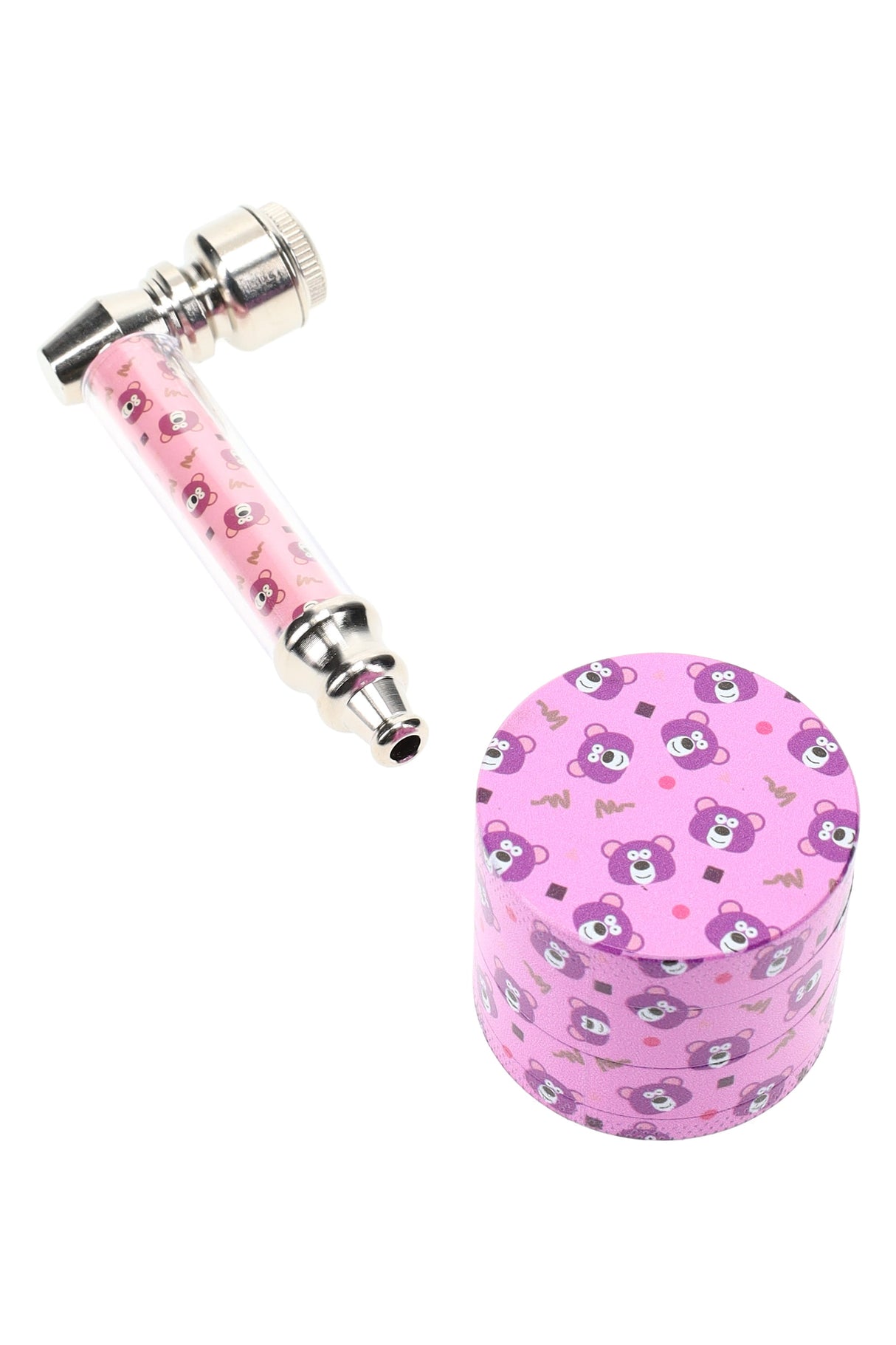 Purple Bear design metal pipe and matching 1½″ 4-part metal grinder gift set; playful pattern for coordinated look.