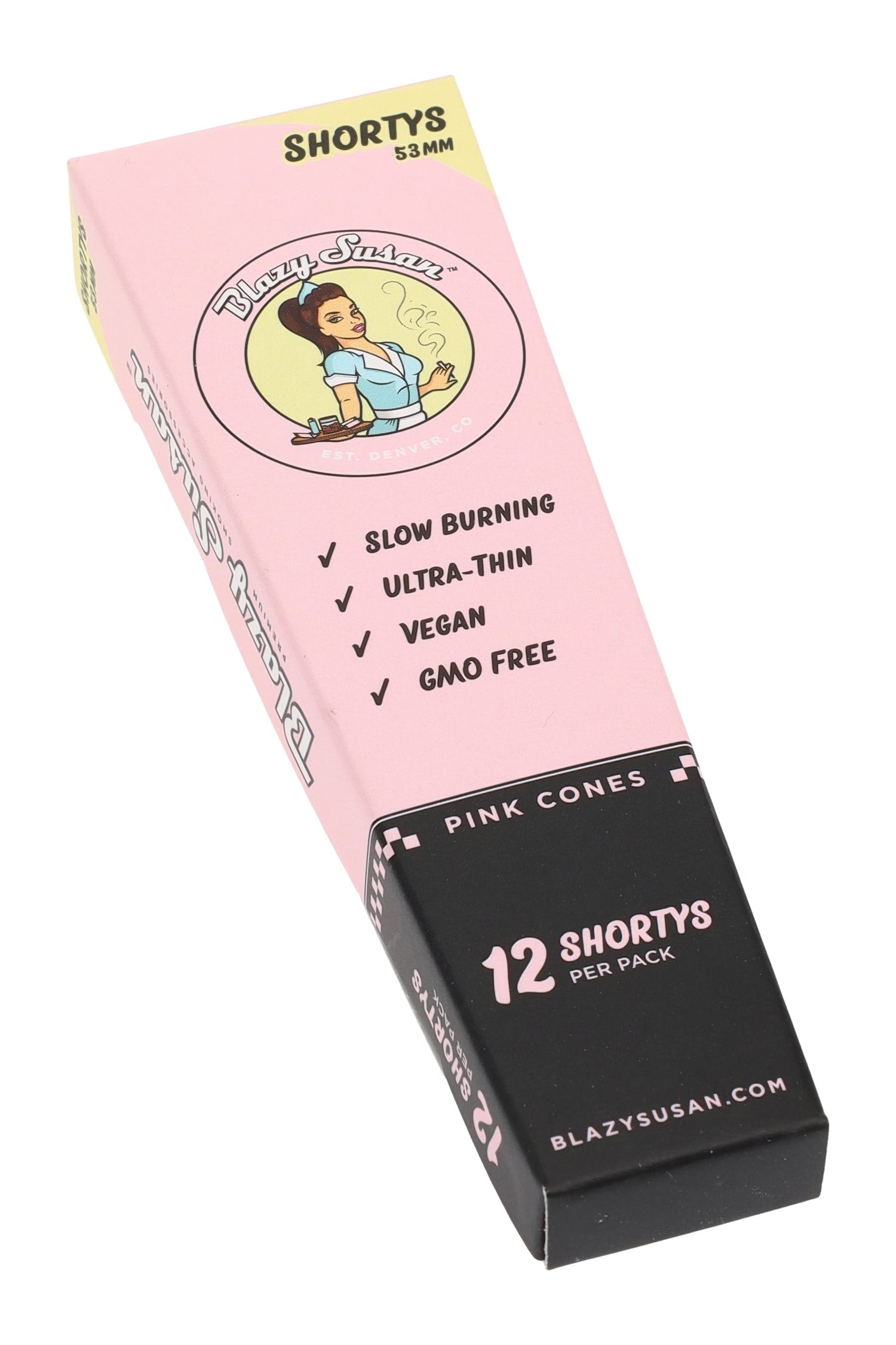 Side-view pack of Blazy Susan Shortys 53 mm, 12 pre-rolled cones per pack; ultra-thin, slow-burning, vegan rolling papers.