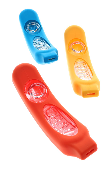 GRAV Rocker Steamroller hand pipes with silicone skins in red, blue, and yellow, glass-core steamrollers shown on white background.