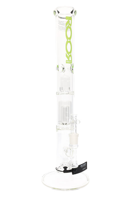 Clear ROOR Tech straight tube with green ROOR Tech logo, multi-perc stack, triple ice pinch, 18" 5 mm GOG bowl.