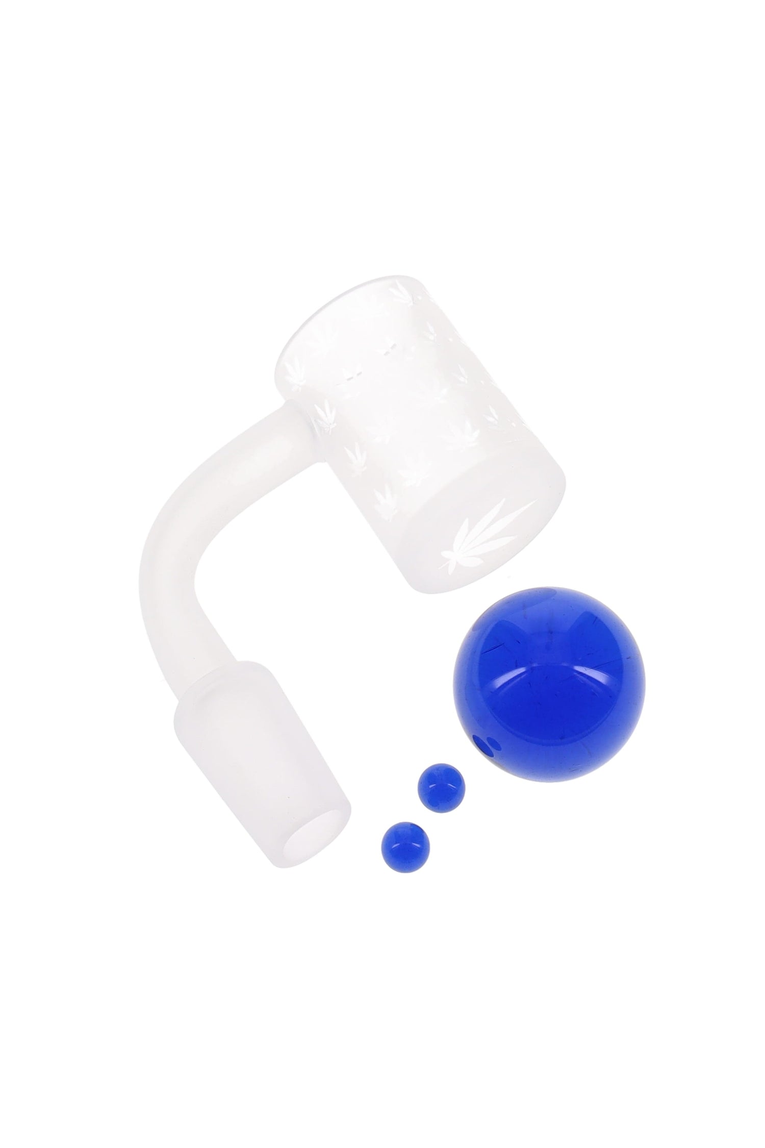 Frosted etched quartz banger paired with dark blue beads; flat-top bucket and 14.5 mm male joint on white background.