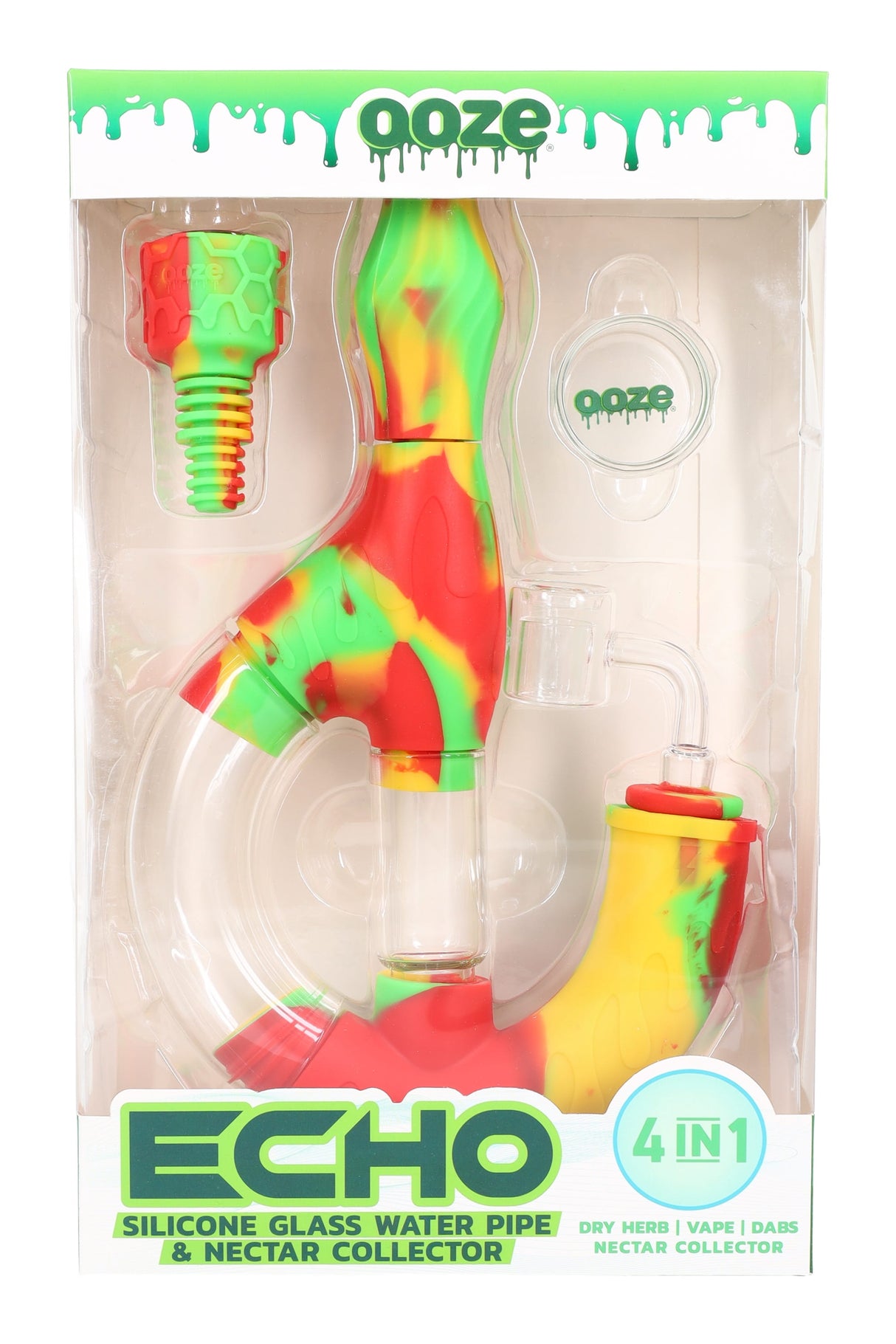 Rasta Ooze “Echo” 4-in-1 hybrid set packaged with quartz banger, nectar collector tip, and branded glass concentrate container.