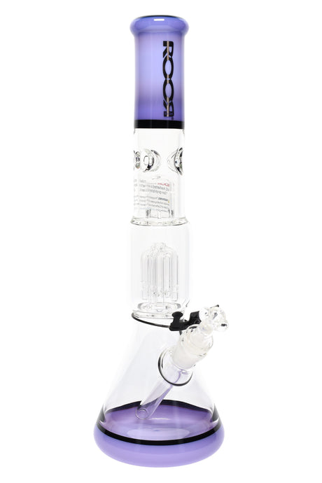 Clear ROOR Tech 14-inch beaker bong with purple mouthpiece and base accents, tree perc, ice pinch, glass-on-glass downstem and bowl.