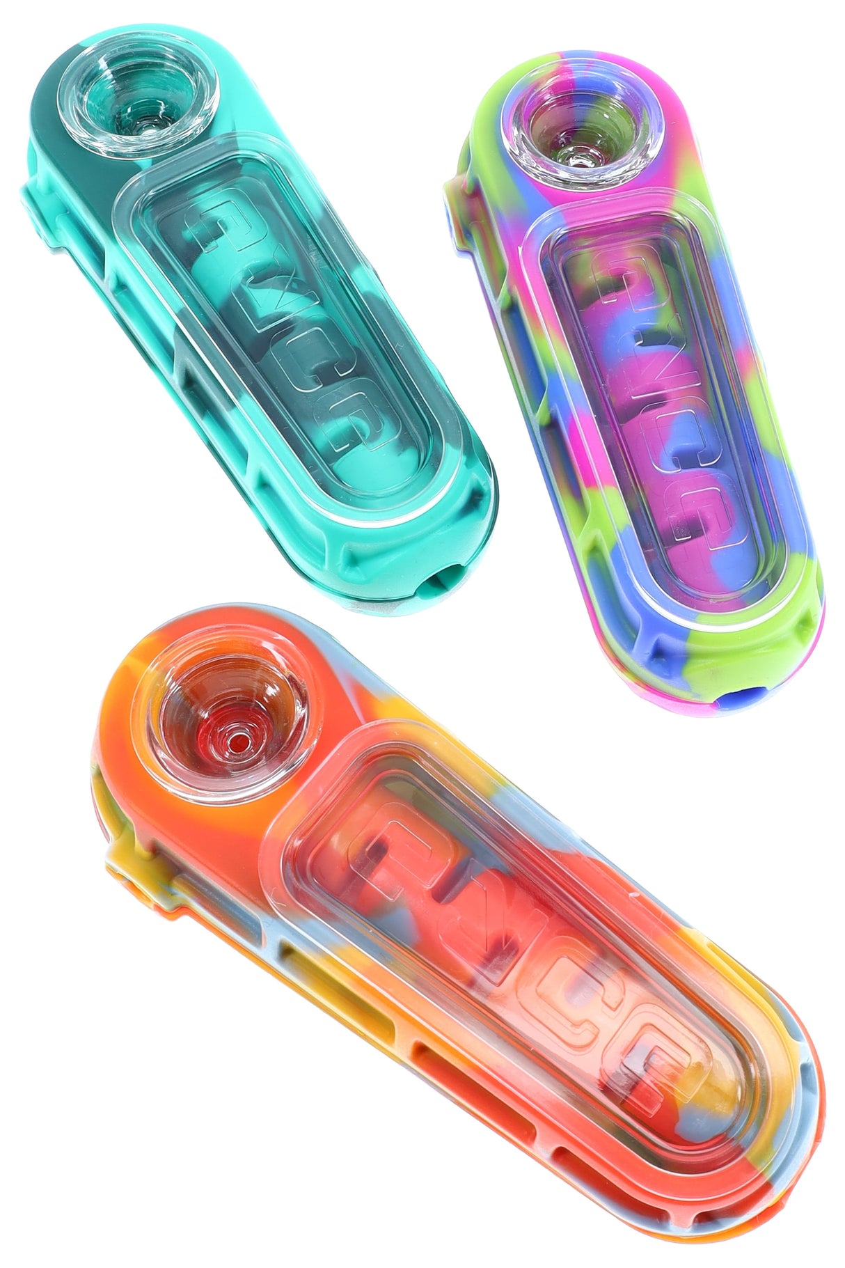 Eyce Glacier silicone spoon pipe with snap-in glass bowl and clear lid, compact under-5″ size, featuring built-in ice chamber; assorted colors shown.