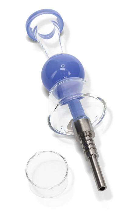 Blue bubble-center dab straw with wide glass guard and metal tip, quartz dish positioned below on white background.
