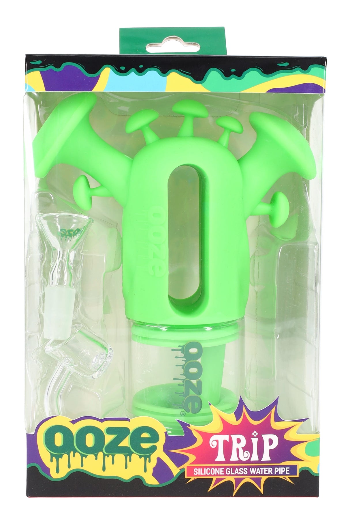 Green Ooze “Trip” silicone-glass dab rig and bong combo in display box with 14 mm banger and 14 mm herb bowl.