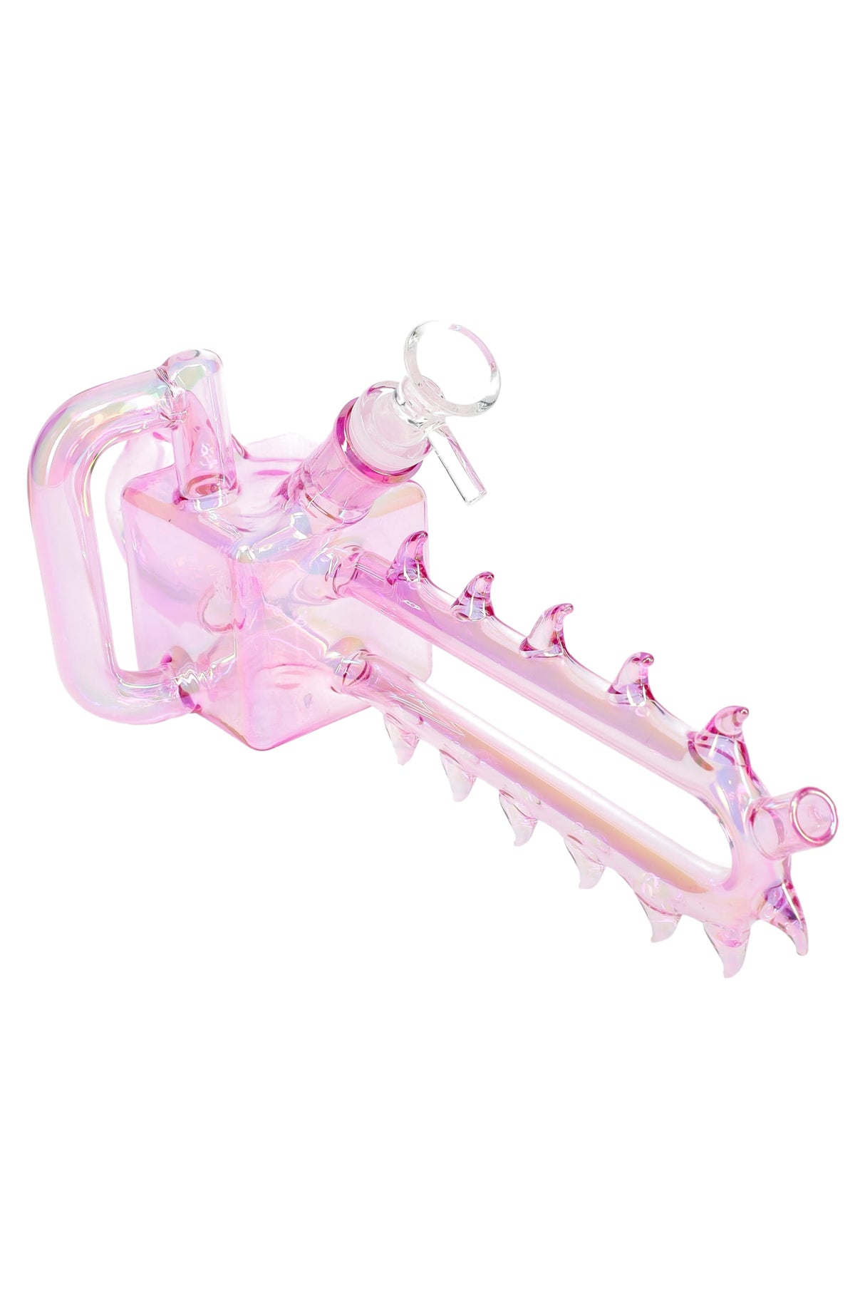 Pink iridescent chainsaw bong showing rectangular chamber, carry handle, and toothy bar with GoG bowl, about 11″ long.