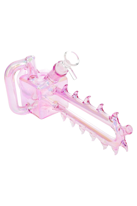 Pink iridescent chainsaw bong showing rectangular chamber, carry handle, and toothy bar with GoG bowl, about 11″ long.