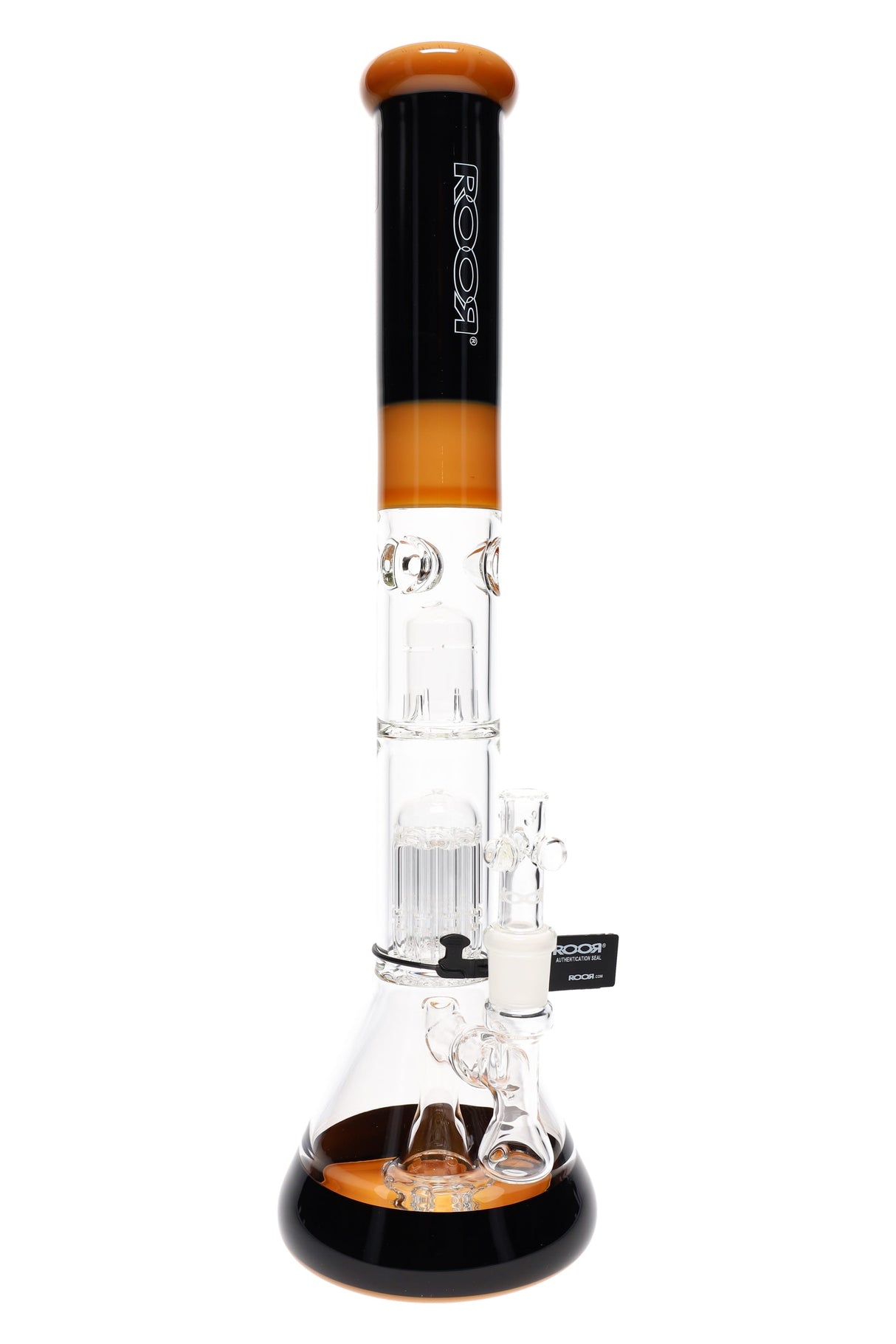 ROOR Tech 18″ multicolor beaker bong with stemless 18.8 mm joint, dome, 10-arm tree and showerhead percs, ice pinch, orange-black mouthpiece and base.