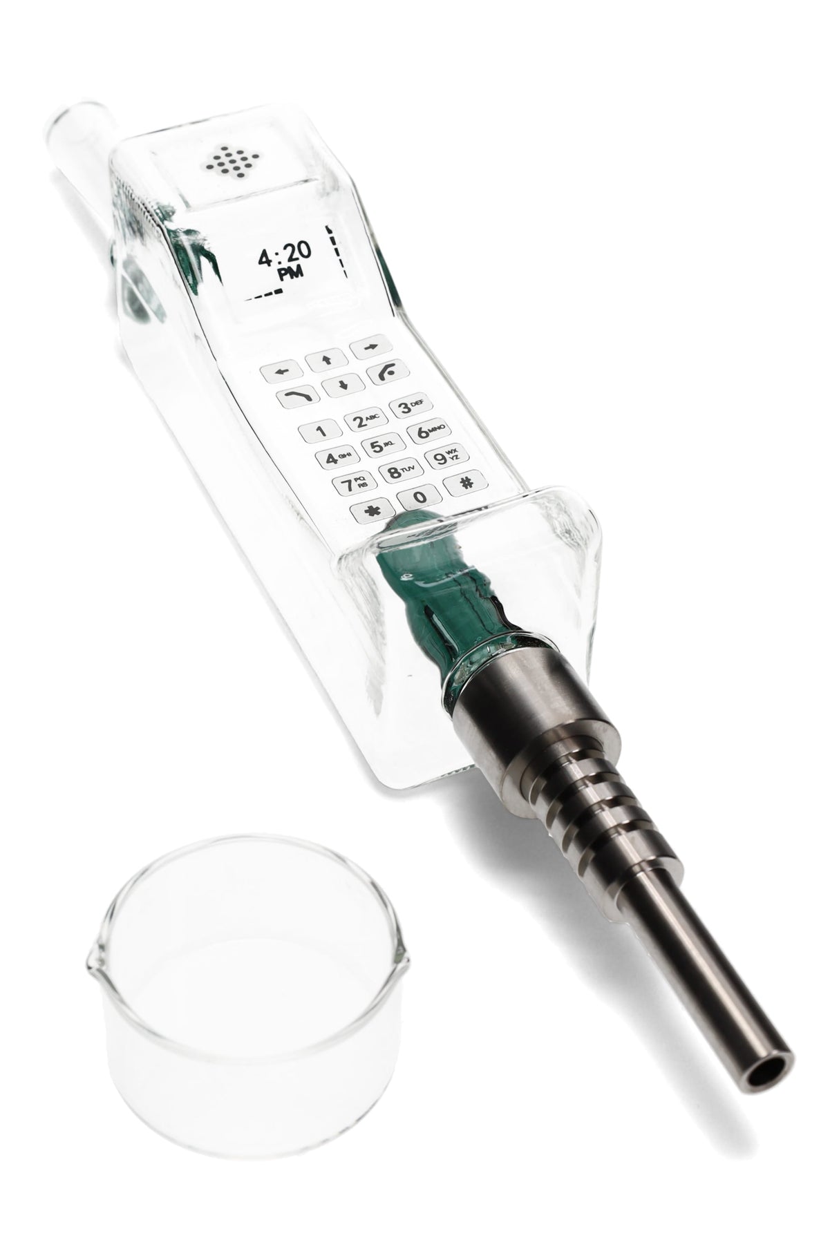 Clear phone body dab straw with keypad graphic and green connector, metal tip attached, quartz dish included.