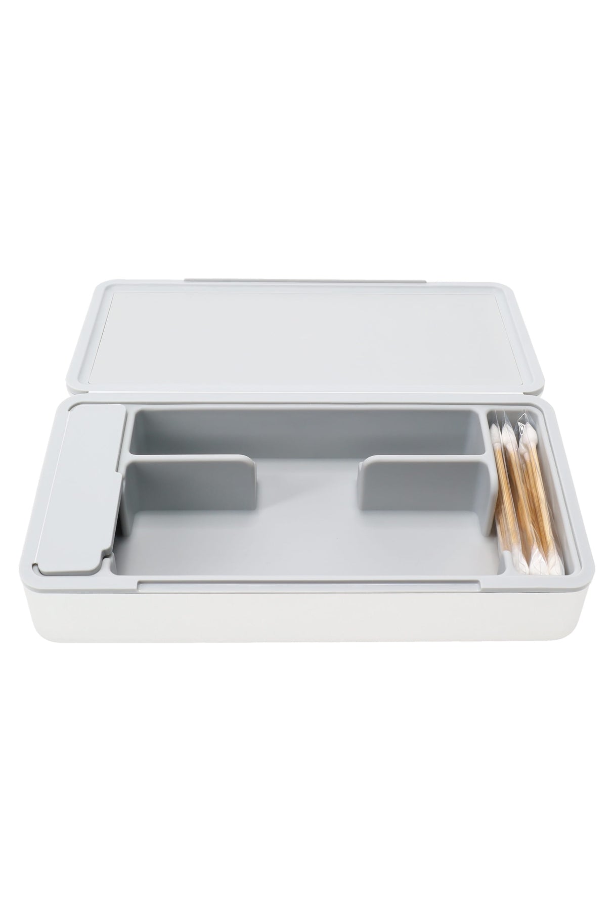 Interior layout showing two main bays, covered pocket and side swab rack, designed to organize a Pivot kit neatly.