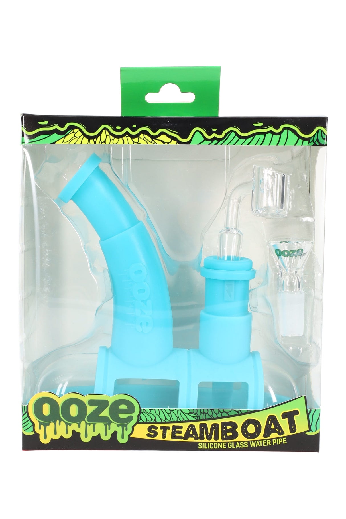 Ooze Steamboat silicone glass bubbler in aqua blue, display box showing quartz banger and 14 mm herb slide included.
