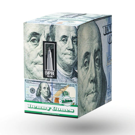 Glossy black background view of 24-count Benny Cones Lite display with rows of tubes and hundred-dollar bill art.